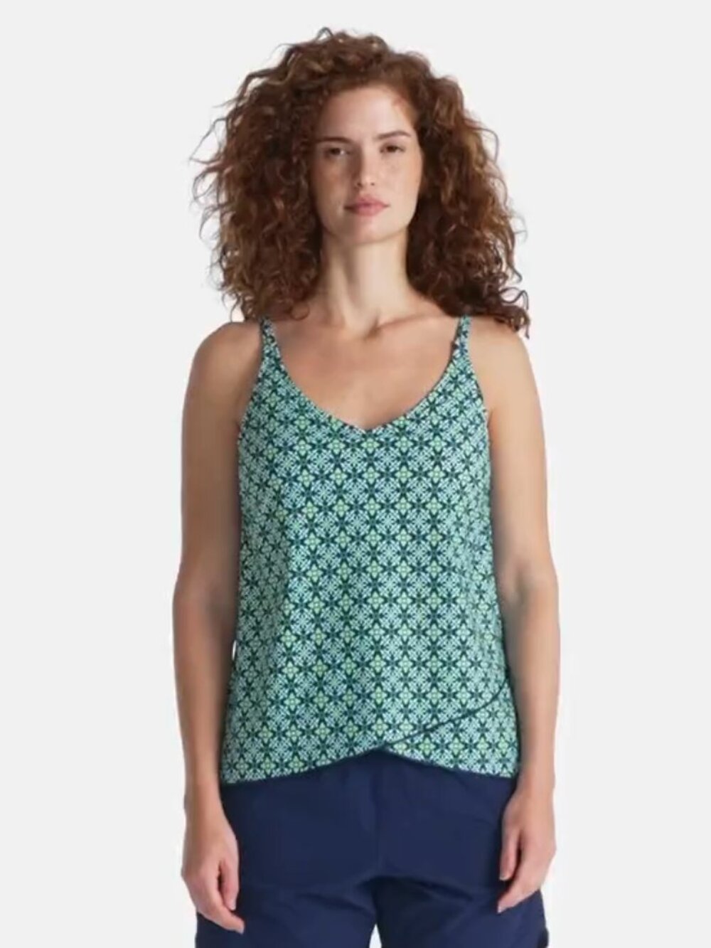Lands End Women's Plus Tulip Hem Tankini Swim Top Swimsuit Green Tile Pattern